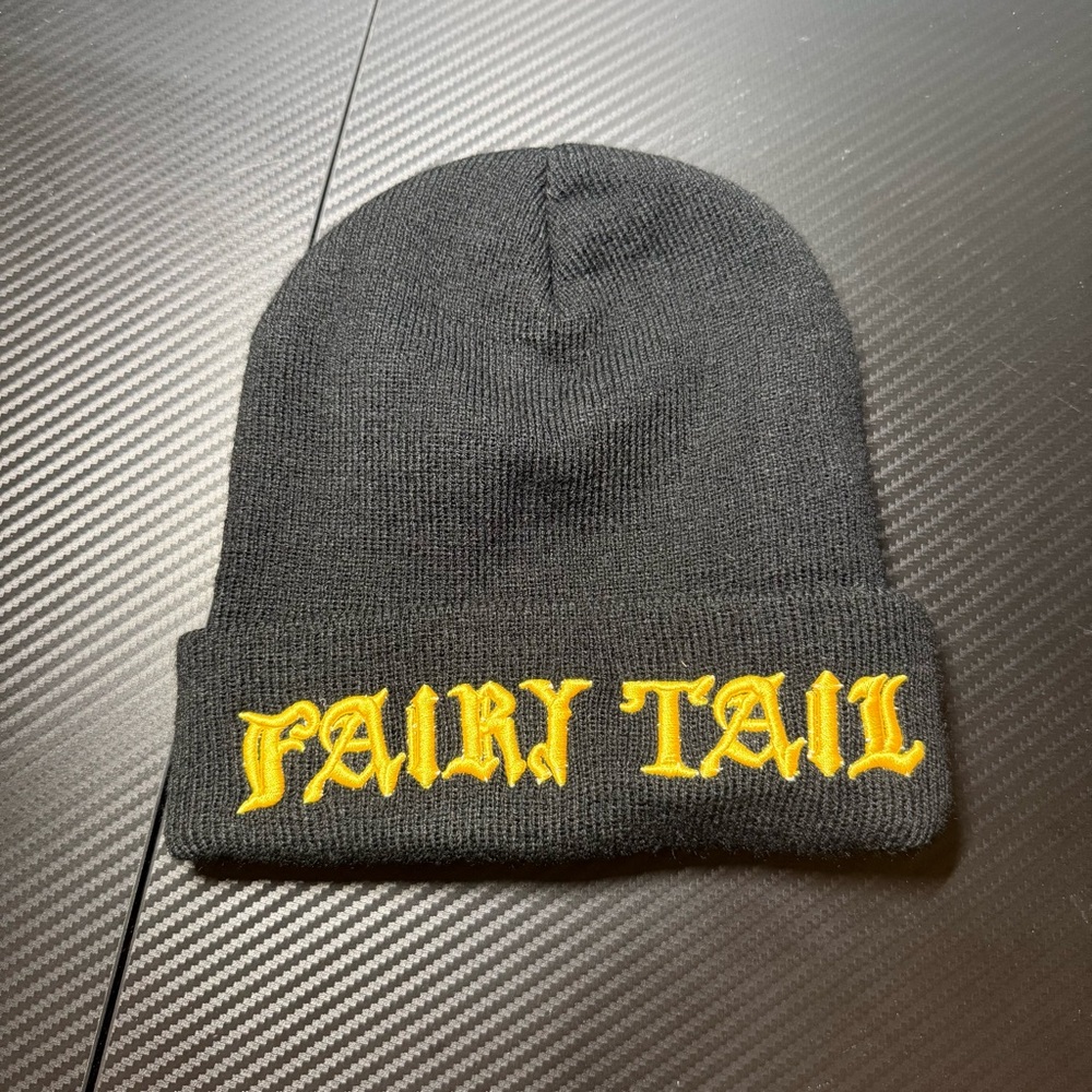 Fairy Tail Black Beanie with Yellow Embroidered Lettering unisex